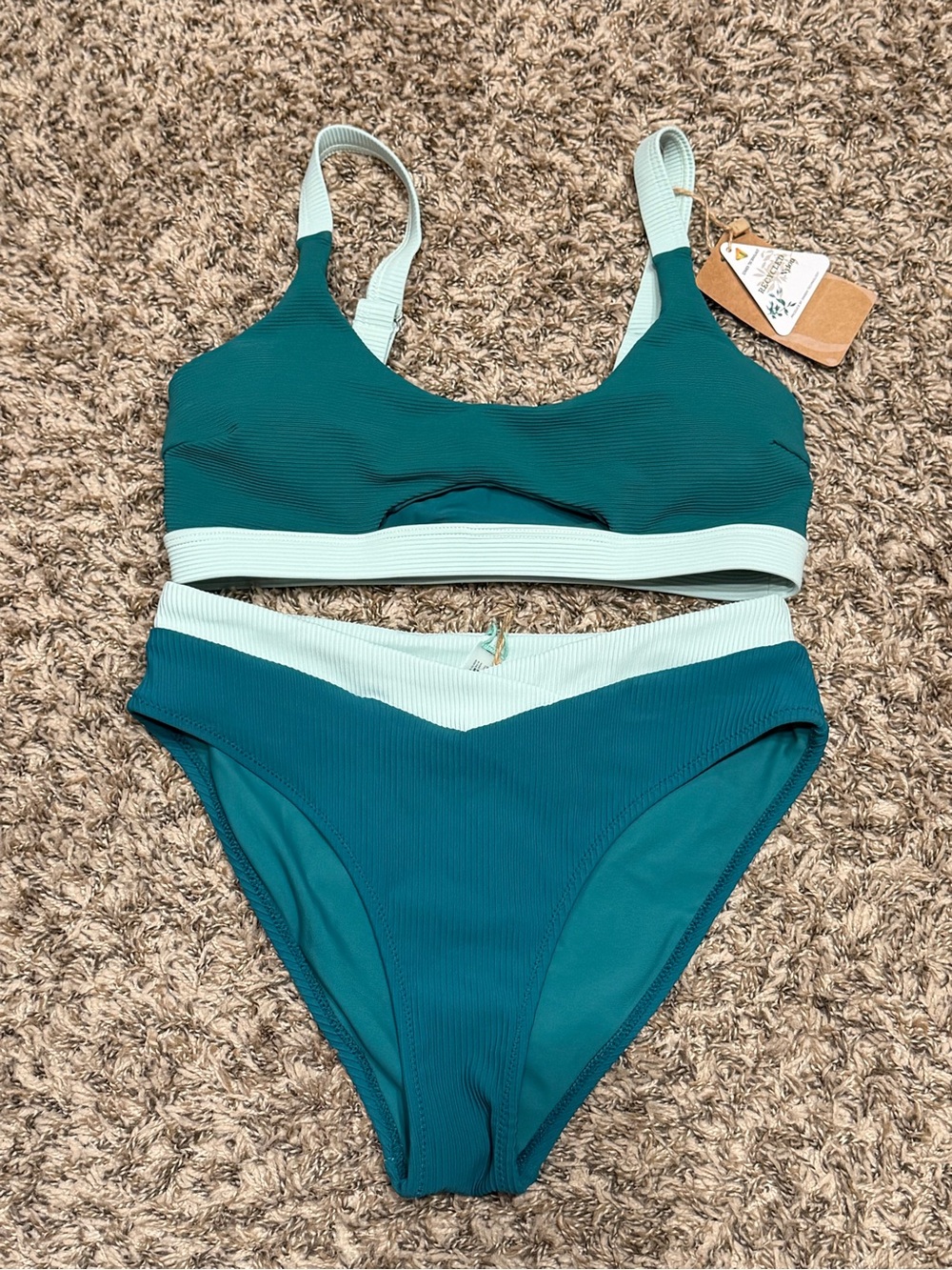 Two-Tone Teal Scoop Bikini Set with Mint Trim - Picture 1 of 2